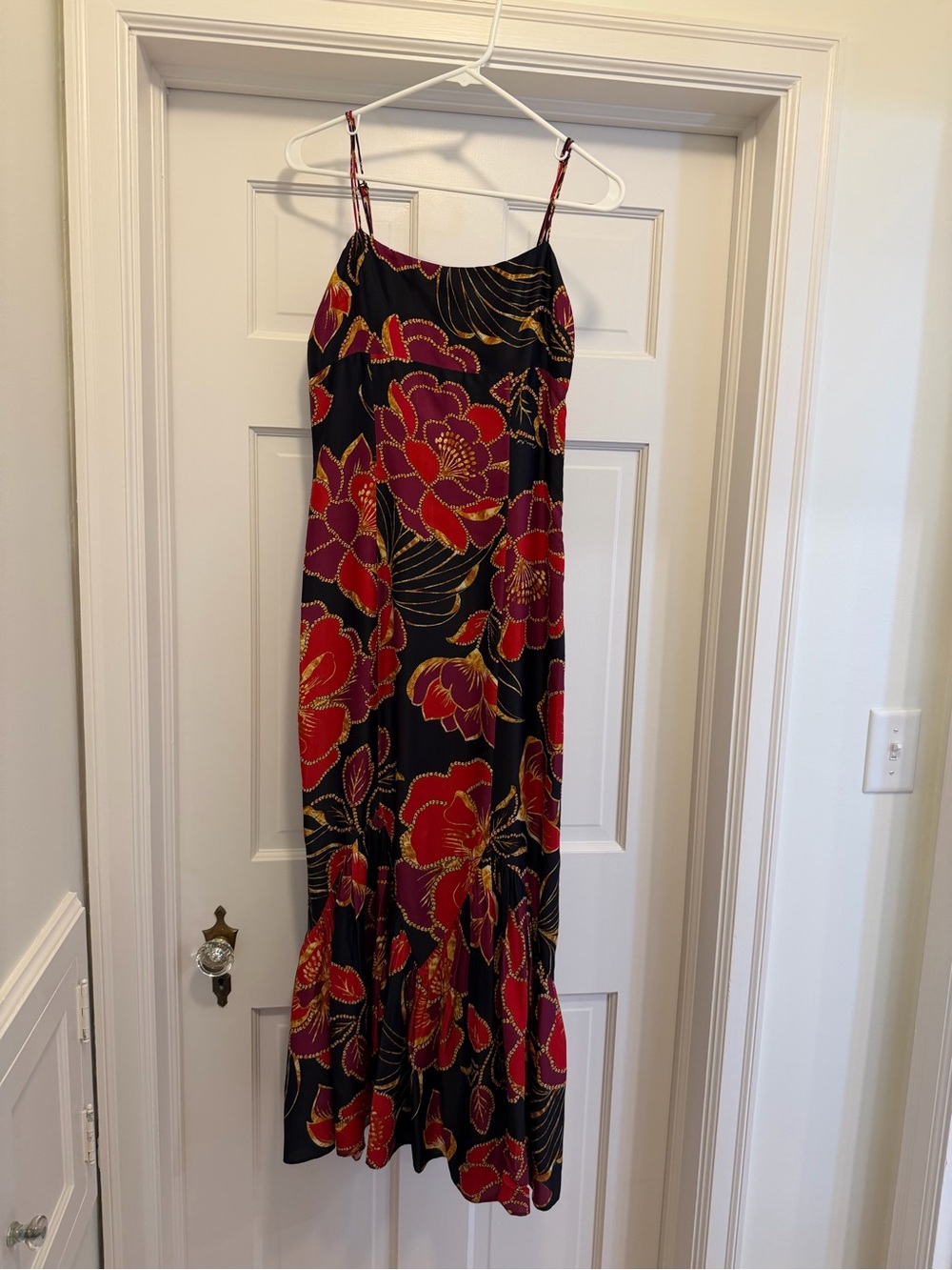 FARM Rio Black Maxi Slip Dress with Red & Gold Floral Print